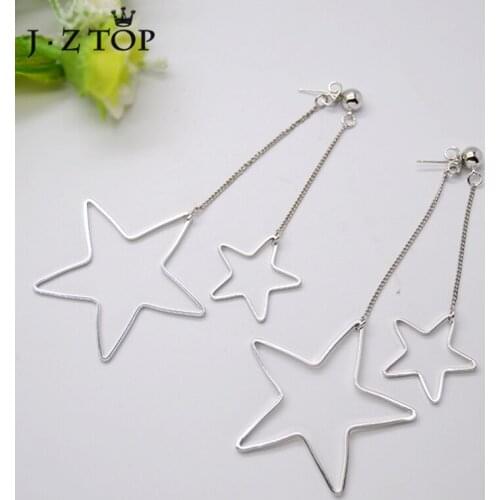 JZTOP Fashion Silver Color Hollow Star Long Chain Dangle Earrings for Women Simple Geometric Big Pentagram Drop Earring Bijoux