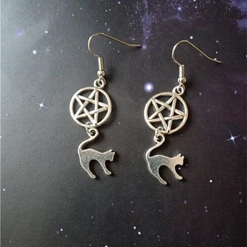 Pentagram and Cat Earrings, Wiccan Earrings, Goth Earrings, Witch Earrings, Animal Jewelry, Pentacle Earrings
