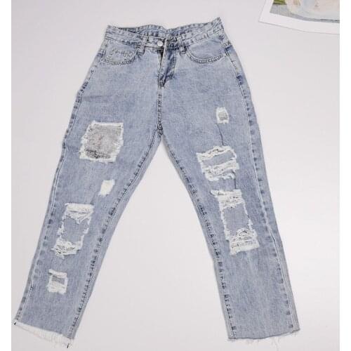 Baggy Jeans Woman Sequins Decorations Hole Tassel Ankle-Length Straight Pants Spring Outdoor Casual Vintage Jeans
