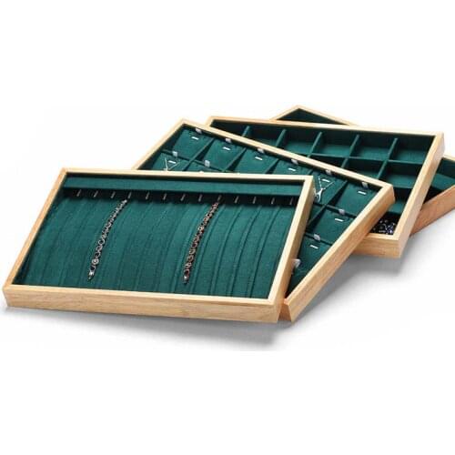 High Level Green Vevlet Wooden Frame Jewelry OrganizerJewellery Packaging Gift Box Ring Earring Holder Necklace Stand Wholesale