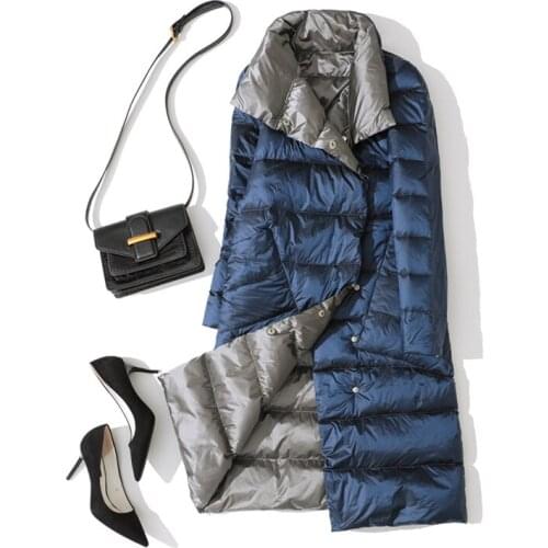 2021 Ultra Light Long Jacket Women Winter Double Sided Slim White Duck Down Coat Single Breasted Turtleneck Warm Parkas