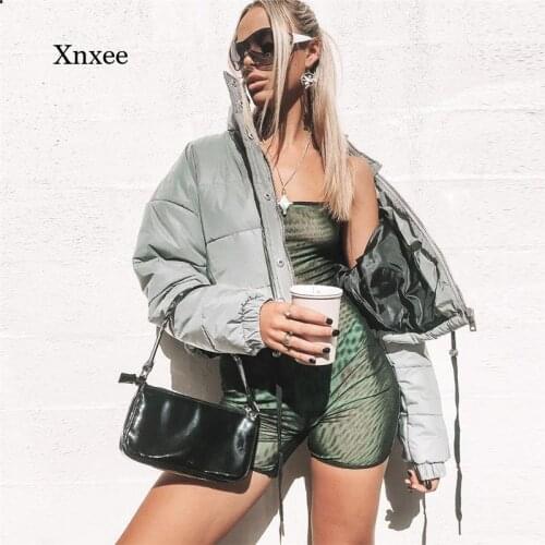 Autumn and Winter Womens Fashion Reflective Cotton Jacket High Waist Zipper Flying Pockets Womens Casual Thick Warm Clothing