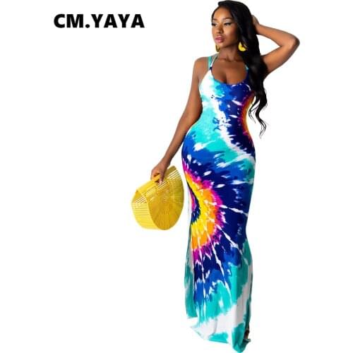 CM.YAYA Women Long Dress Print Sleeveless Strap O-neck Strechy Maxi Floor Length Dresses Sexy Fashion Streetwear Summer Outfit