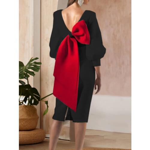 Women Party Dress Big Bow Backside Three Quarter Sleeves V Neck Bodycon Knee Length Christmas Dinner Birthday Celebrity XXXL New