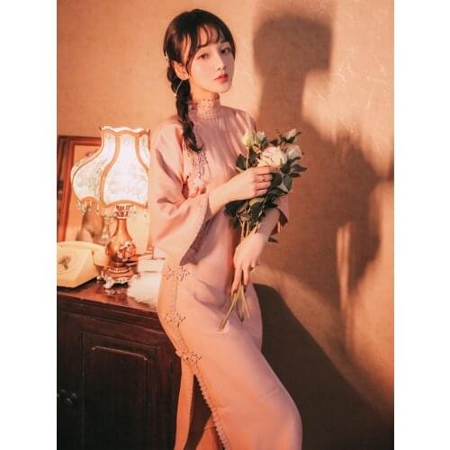 Vintage Improved Pink Sweet Cheongsam Dress Women 2021 Spring New Three-quarter Sleeve Elegant Young Qipao dresses Vestidos