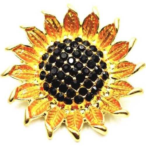 10pcs/lot Gold Sunflower Snap Buttons Black Full Rhinestone Stone Buttons Fit 18mm/20mm DIY Snap Bracelet Buttons Jewelry