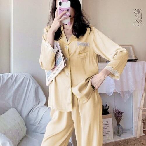 2021 Womens Silk Satin Pajamas Pyjamas Set New Sleepwear Pijama Lace Stitching Pajamas Suit Female Sleep Two Piece Set Plus Size