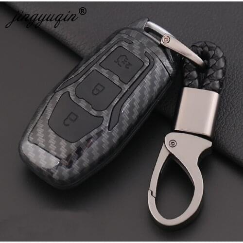 20x Carbon Fiber +Silicone Car Smart Remote Key Case Automobile Protective Cover For Ford Edge Mondeo Mustang Key Shell keychain