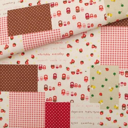 70cmx98cm Cotton Linen Fabric for handmad, bed, bag, curtain Sewing - Patch, Dot, Strawberry and doll (red) (SL002B)