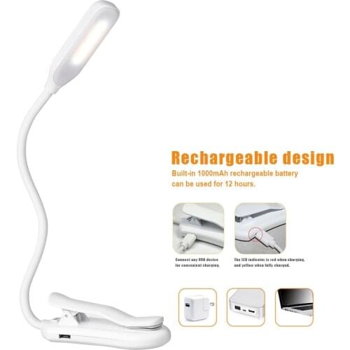7LED Night ABS Desk Reading Light 360 Degree Flexible USB Rechargeable Book Lamp Clip On Mini Eye Care 3-Level Brightness