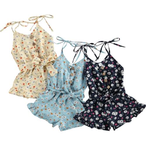 Children Floral Print Sling Romper With Ruffles Girls Sleeveless V-neck Short Jumpsuit With Waistband Girls Dresses Summer