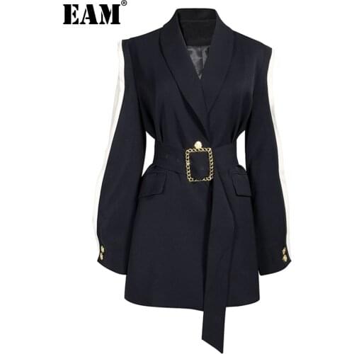 [EAM] Loose Fit Black Spliced Hit Color Belt Jacket New Lapel Long Sleeve Women Coat Fashion Tide Spring Autumn 2021 1A879