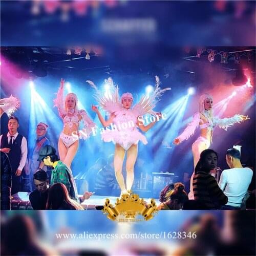 EC71 Female white feather stage wears dress ballroom dance costumes singer performance clothe dj outfits bar models bodysuit ds