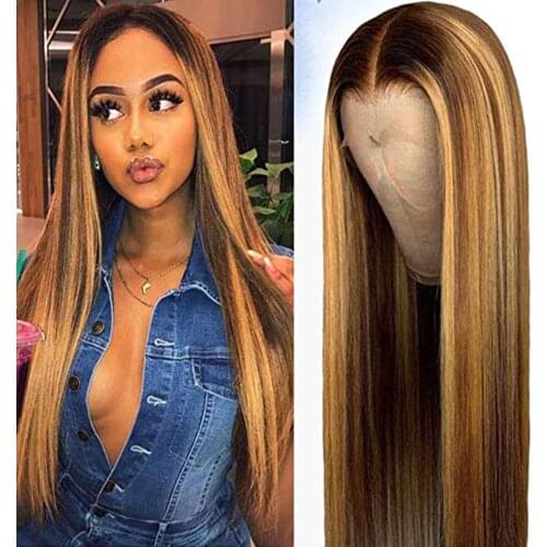FGY Long High Gloss Lace Front Wig Straight Hair Honey Blonde Brazil Gradient Gold Lace Synthetic Ladies Wig 26 Inches