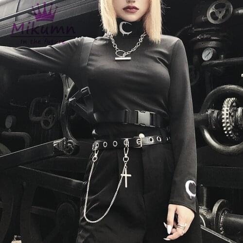 Harajuku Gothic T Shirt Turtleneck Moon Embroidery Autumn Women Tee Shirt Punk Streetwear Female Tshirt Tops With Strap