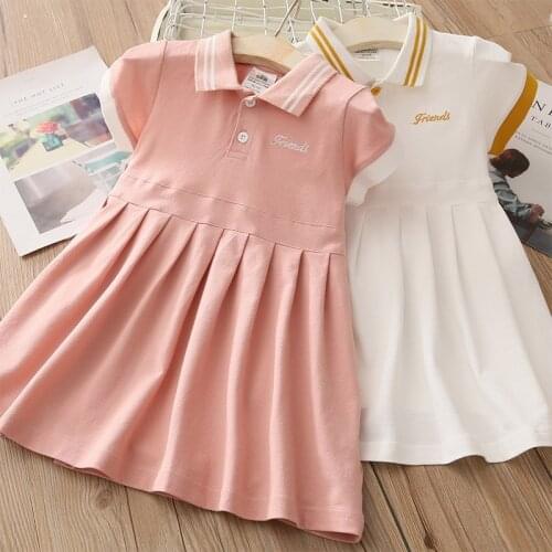 2021 Summer European and American Style 2 3 4 6-12 Years Children Turn-down Collar Cotton Short Sleeve Dress For Kids Baby Girls