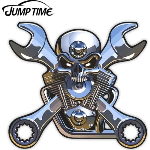JumpTime 13cm x 11.9cm Skull with Wrench Sticker for Laptop Book Fridge Guitar Motorcycle Helmet ToolBox Door PC Boat Motorcycle