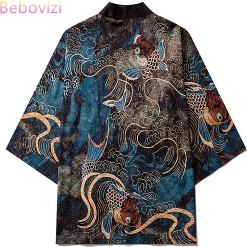 Women Japanese Samurai Yukata Female Men Asian Clothes Kimono Cardigan Shirt Haori Women Traditional Carp Print Kimono Pants Set