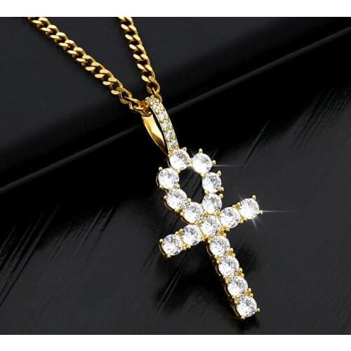 Ice Out Hip Hop Cross Necklace For Men Gold Chain Stainless Steel Pendant Key Egyptian Necklace Women Jewelry Gifts