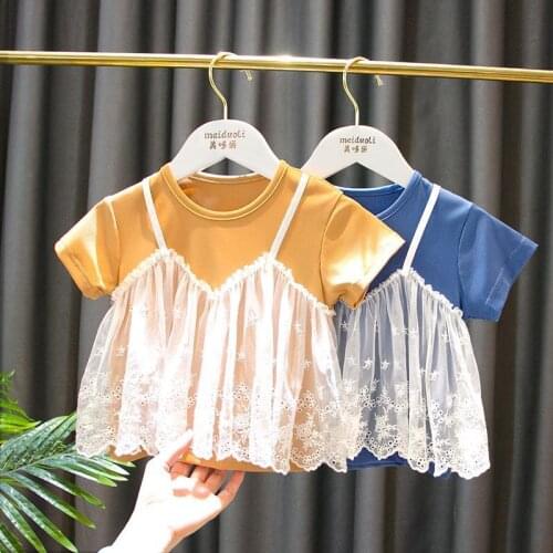 Girls' summer short-sleeved T-shirt, baby girl, fashionable Korean fake two-piece lace and foreign air mesh short-sleeved top