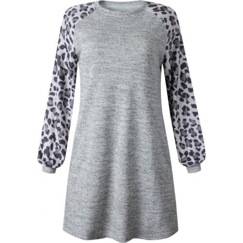 50% HOT SALES！！！Casual Women Autumn Leopard Patchwork Long Sleeve O Neck Loose Tunic Mini Dress