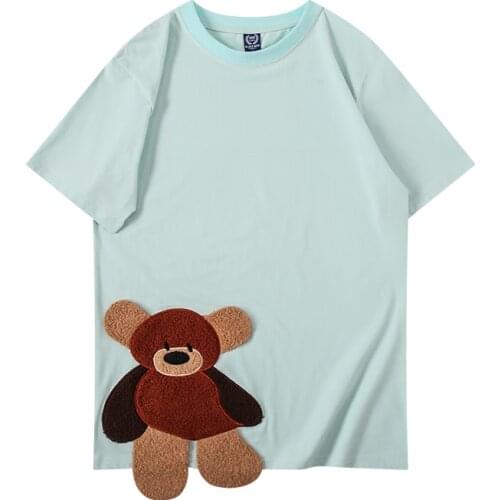 Bear Print Mens Cotton T-shirt 2021 Summer New Casual Short-Sleeve T-shirt Men Harajuku Street Style Loose Pure Mens Tees Tops