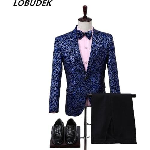 Mens Leopard Sequin Suit Slim Fitting Stage Clothing Evening Party Performance 3-pieces Set Nightclub Bar Host Singer Costume