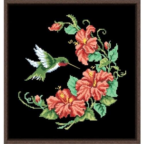 Hummingbird and hibiscus cross stitch kit Dreampattern 18ct 14ct 11ct black canvas embroidery DIY needlework wall decor