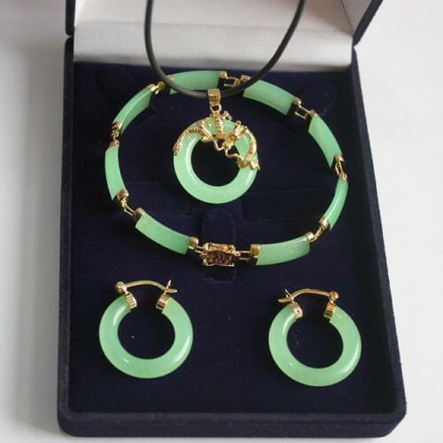 Natural Light Green Jade Dragon Pendant Necklace Earrings Bracelet Set