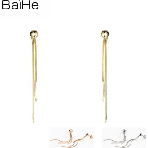 BAIHE Genuine Solid 18K Yellow/Rose/White Real Gold Fine Jewelry Tassel Stud Earrings Women Engagement Wedding Cерьги Cережки
