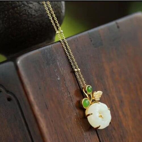 Natural 925 Silver Jade Hand-carved Flower Gold Plated Chain Inlaid Tree Pendant
