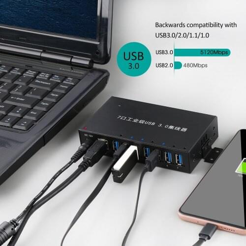 7 ports USB 3.0 HUB Rugged Hub with Power Adapter and Mounting Brackets supported by Windows 10 operating system or earlier