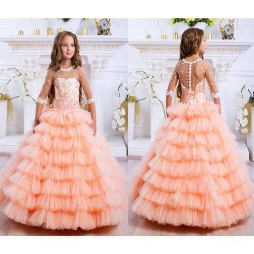 Luxury Orange Lace Appliqued Tiered Flower Girl Dress Vintage Tulle Girl Birthday Prty Pageant Gown Long Formal Wedding Dresses