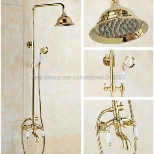 Luxury Gold Color Brass Bathroom Shower Set Faucet with Hand Sprayer Dual Handles Bathtub Mixer Tap Kgf436