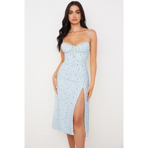 Sexy Backless Long Dress Bodycon 2021 Women Sleeveless Strap V-Neck Blue Floral Split Dresses Strapless Party Wedding Club Wear