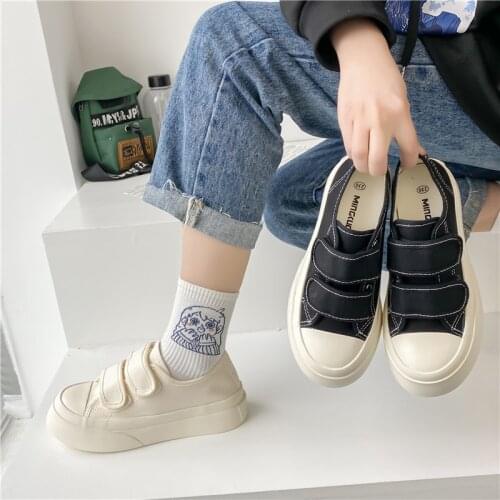 Summer Big Head Thick-soled Canvas Shoes Women Students New Solid Color Velcro Casual Board Shoes Women Loafers