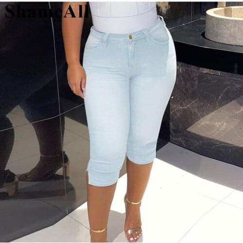 Vintage Stretchy Skinny Knee Length Wash Mom Casual Jeans Breeches Denim Sweat Joggers Pant 3/4 Short Leggings Women Capris Jean
