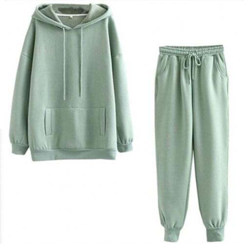Women Hoodie Long Pant 2 Pcs Solid Autumn Spring Sweatshirt Set Casual Long Sleeve Fleece Tops Tracksuit Suit Clothes
