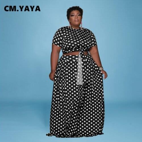 CM.YAYA Women Plus Size Set Dot Print Short Sleeve O-neck Crop Tops Long Loose Skirts Two 2 Piece Sets Fashion Outfit Summer