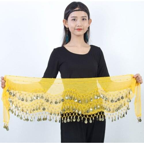 Sequins Belly Dance Hip Scarf Skirt Accessories 3 Row Belt Skirt With Gold bellydance Tone Coins Waist Chain Chiffon Wrap Women