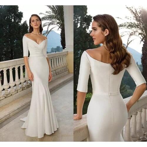 Simple V Neck Off the Shoulder Mermaid Wedding Dress 2021Ivory/White Half Sleeves Bride Long Dresses robe de mairee
