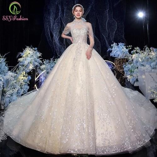 SSYFashion New Luxury Wedding Dress Sexy Halter Sequins Tassel Beading A-line Long Wedding Gown for Bride Vestidos De Novia