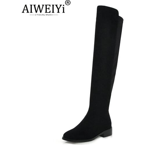 AIWEIYi Thigh High Over The Knee Boots For Women Shoes Stretch Fabric Square Toe Flat Heels Long Boots Bottine Femme Booties