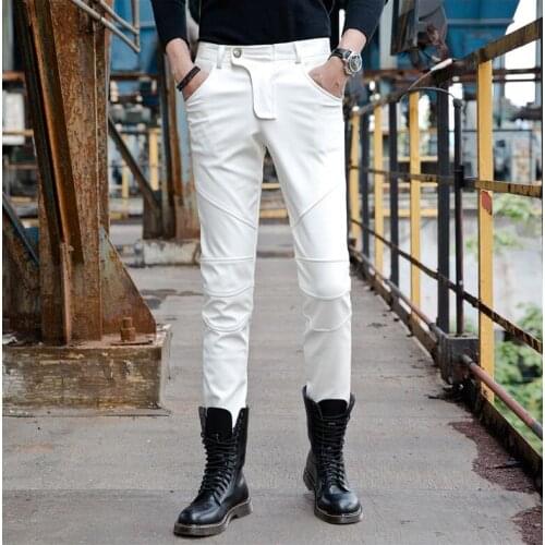 Splice white personality fashion motorcycle faux leather pants mens feet pants Plus velvet pu trousers for men pantalon homme