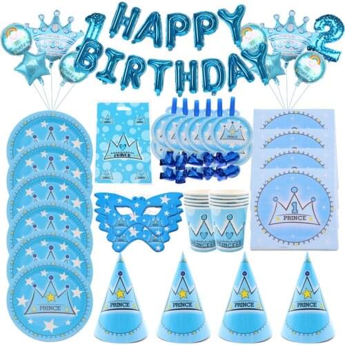 Blue Prince Crown Theme Birthday Party Decoration Cups Straws Banner Balloon Disposable Tableware Sets Baby Shower Supplies