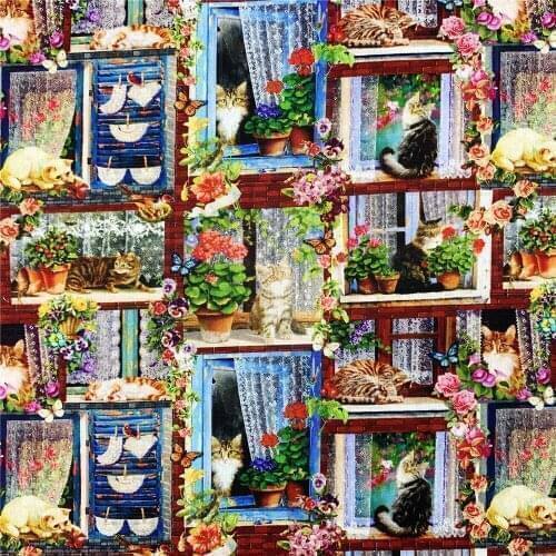 Beautiful 100% Cotton Fabric Cartoon Cat on Windows Digital Print Sewing Material DIY Home Patchwork Dress Clothing