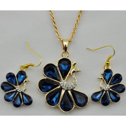 LEMOER Fashion Gold Filled champange/blue/fuchsia/crystal Peacock Austrian Crystal Necklace Earring Wedding/Bride Jewelry Sets