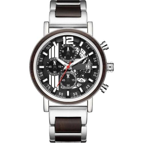 Alloy & Wood Combined Strap Watches Mens Multifunction Chronograph Quartz Calendar Watch Unique Steel Wooden Clock Male Reloj