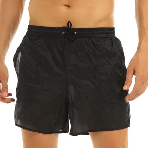 Men Elastic Waist Pure Color Underpants See-Through Drawstring Quick Dry Beach Shorts Swim Trunks With Bulit-in Mesh Sexy Briefs