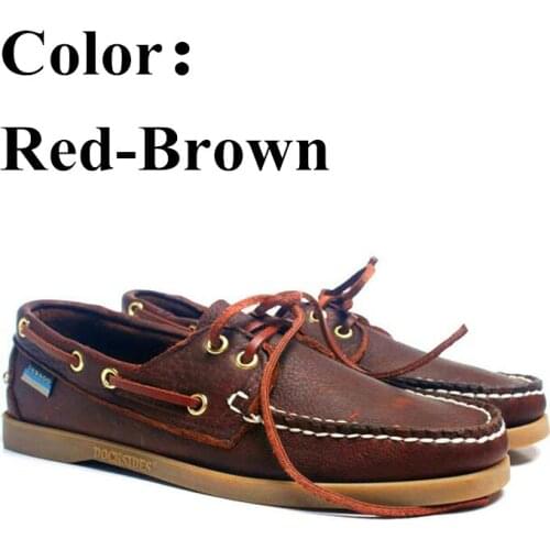 Men Genuine Nubuck Leather Docksides Casual Boat Shoes,Brand Flat Loafers For Homme Femme Red Brown Color X141